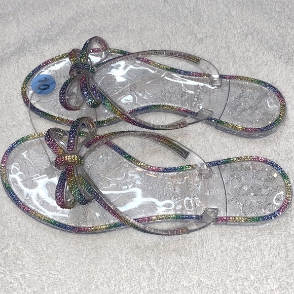 NWT Forever Clear Rainbow Rhinestone Bow Jelly Flip Flop Various Sizes - Picture 5 of 8